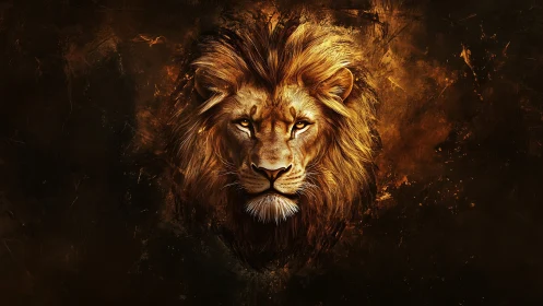 Majestic lion portrait glows against dark abstract fire background
