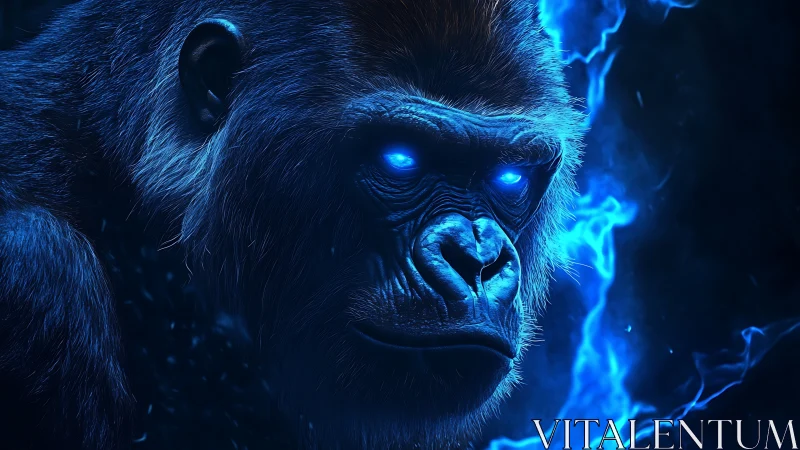 Mystical blue gorilla glowing with stormy electric energy.
