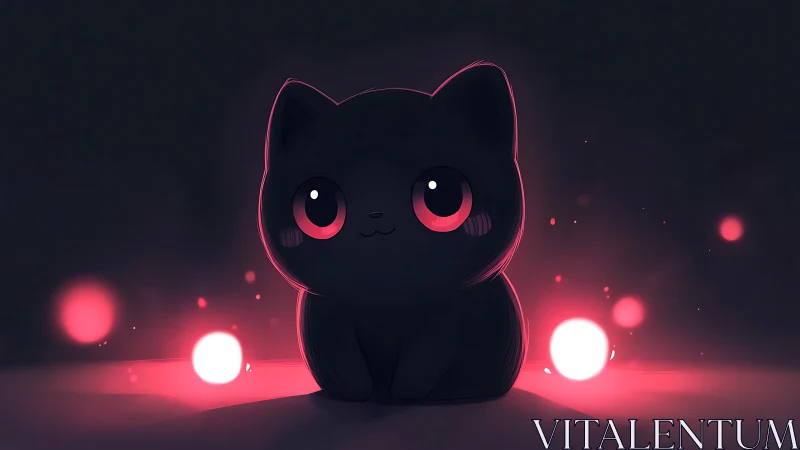 Dark stylized cat figure is illuminated by red glowing orbs