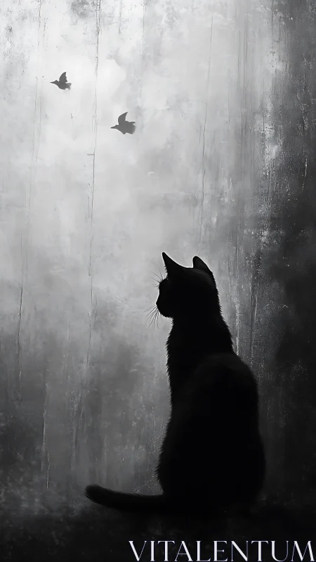 Black Cat Watching Birds Through Weathered Wall