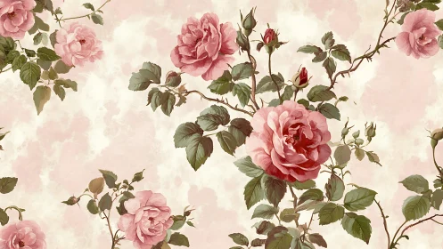 Vintage rose blossoms drift across soft pastel clouds.