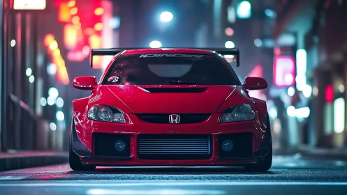 Red tuned Honda dominates neon-lit night city street scene