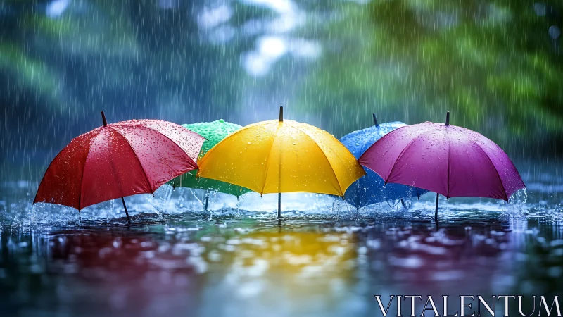 Row of multi-colored umbrellas in steady rainfall.