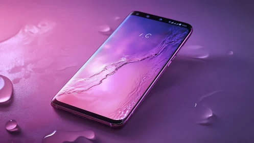 Modern Smartphone on Liquid Pink Surface Displays Flowing Wallpaper