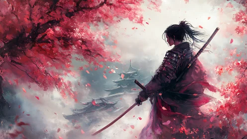 Samurai warrior under red blossoms overlooking temples.