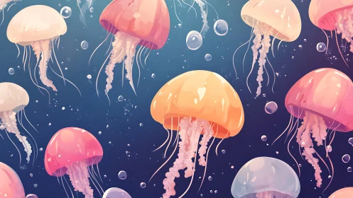 Colorful cartoon jellyfish drifting in deep blue water.