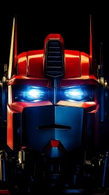 Specular-lit red mech visage with high-intensity optic emitters.