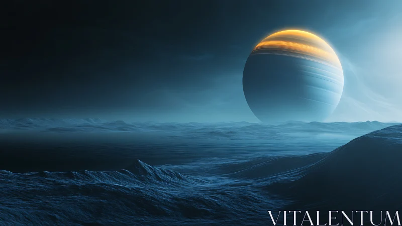 Icy alien seascape rests beneath a glowing ringed planet.