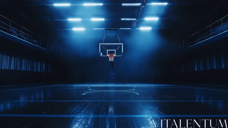 Basketball hoop under cinematic blue arena spotlight at night.