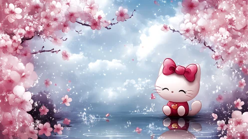 Cartoon cat figure under cherry blossoms by reflective water.