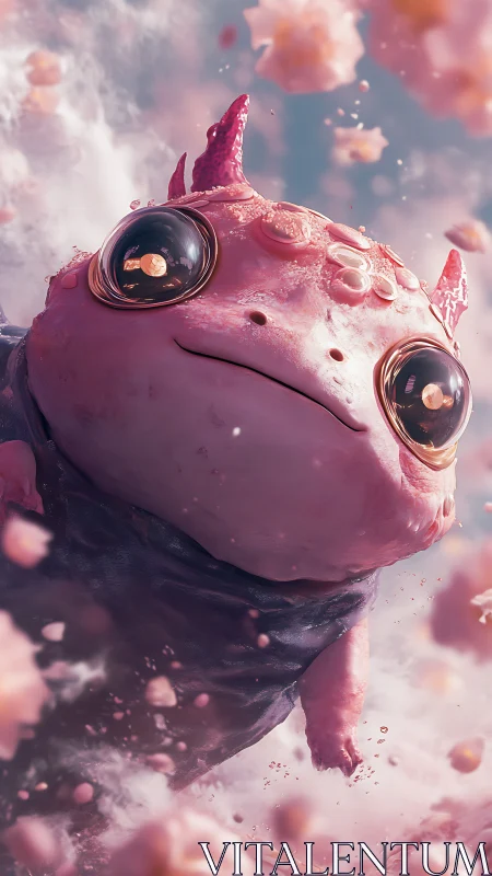 Pink celestial axolotl creature in soft cloudscape vision.