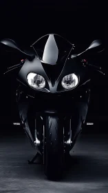 Midnight sport bike poised in moody studio shadows.