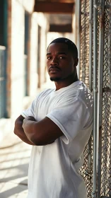 Urban portrait of confident man by chain-link fence in sunlit alley