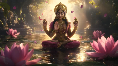 Divine lotus goddess meditating on tranquil sacred water.