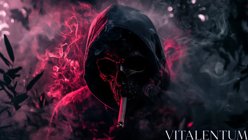Hooded skull smolders in neon smoke and shadowed gloom.