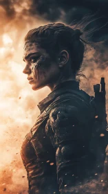 Battle-hardened female soldier in cinematic inferno profile.