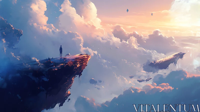 Lone dreamer on drifting cliffs above a blazing sky sea.