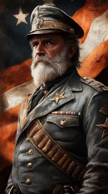 Proud bearded general stands strong before a bold flag