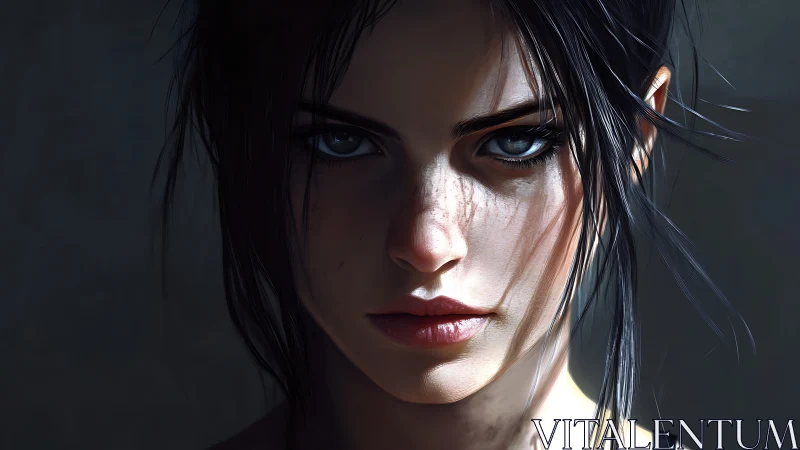 Intense young woman stares forward under harsh side light