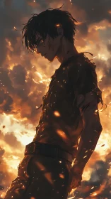 Silhouetted male figure stands amid backlit cloud and ember field