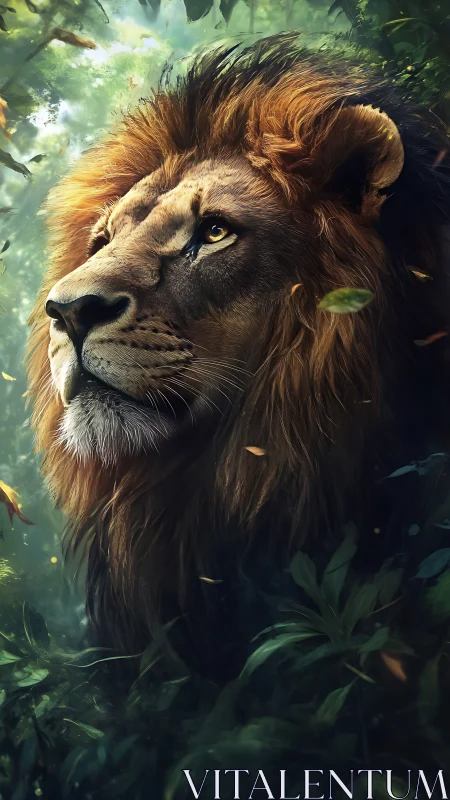 Majestic lion portrait in lush green jungle light.