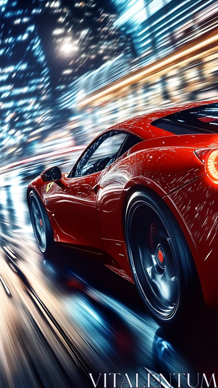 Midnight red sports car racing through glowing city lights.