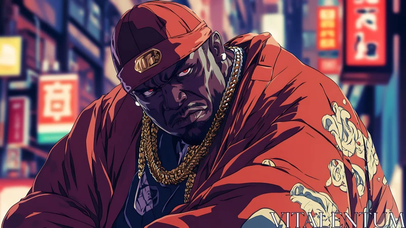 Urban street rapper leans forward in neon city glare.