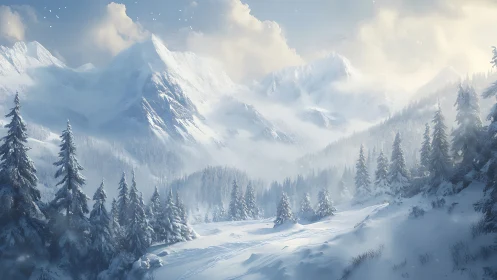 Winter mountain valley with snow forest under soft light.