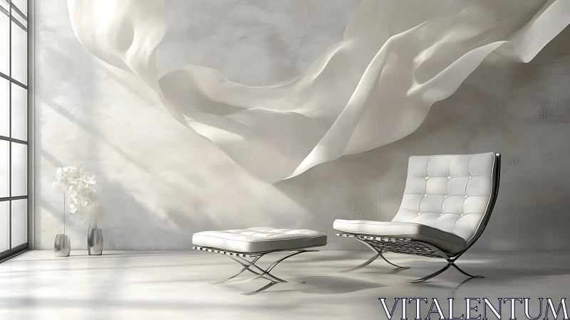 Minimalist lounge with Barcelona chair, ottoman and sheer drape