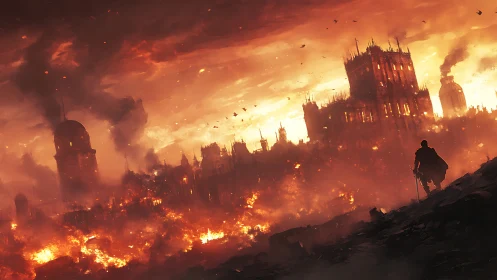 Lone warrior surveys burning city under violent orange sky