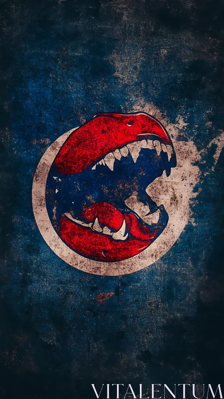 Distressed circular emblem with stylized red fanged mouth overlay