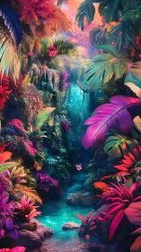 Neon jungle gorge glows around a tranquil turquoise stream.