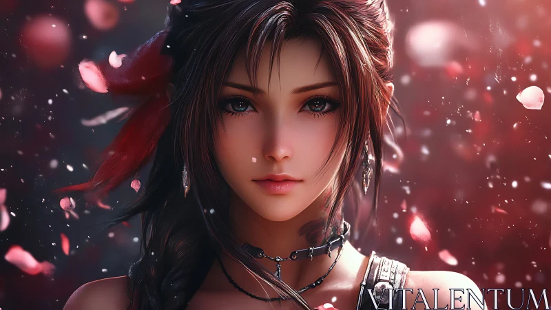 Digital portrait of young woman with petals in motion.