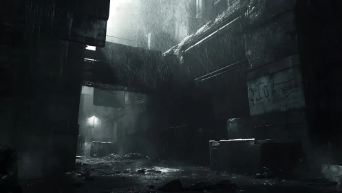 Rain-drowned backstreet cathedral of neon shadows and grime.