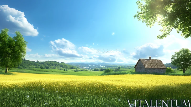 Sunlit wheat field surrounds solitary stone farmhouse under blue sky