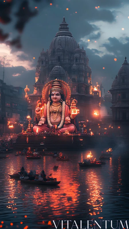 Monumental deity sculpture dominates dusk-lit riverside temple