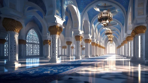 Ornate blue mosque interior with arched colonnade and light