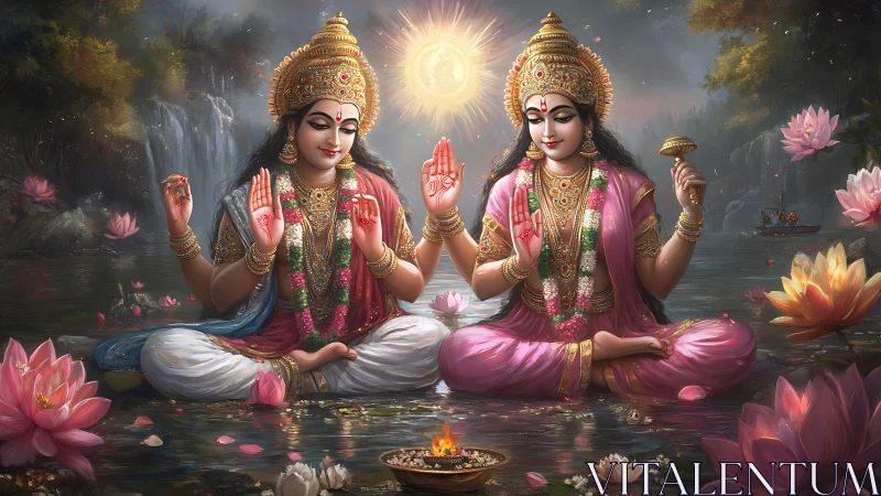 Twin Hindu goddesses in lotus pond with radiant solar halo