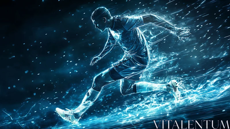 Soccer player rendered in glowing blue energy motion effect