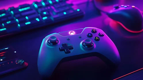 Gaming Controller Glows in Neon Cyberpunk Atmosphere