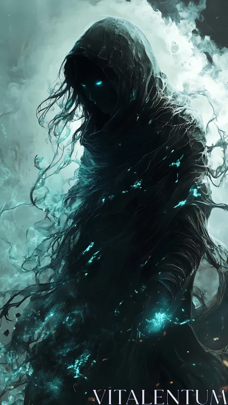 Hooded spectral figure formed from smoke and blue luminescence