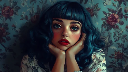 Blue haired dreamer against rosewall, lost in painted longing.