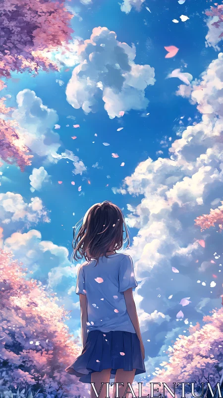 Girl stands under dreamy spring sky filled with blossoms
