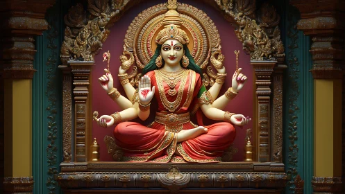 Gilded Hindu goddess idol radiates serenity in ornate shrine