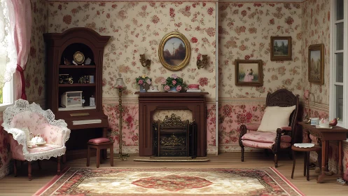 Victorian parlor dollhouse drenched in rosy wallpaper daydreams.
