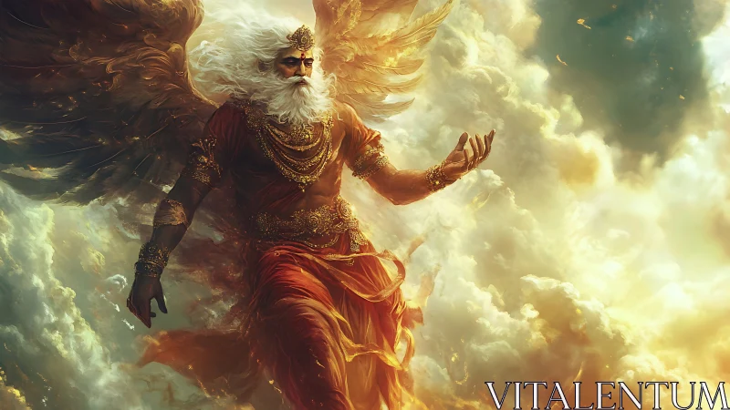 Winged celestial warrior in volumetric golden cloudscape ascends