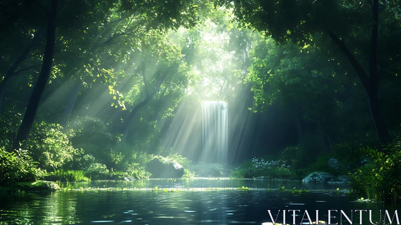 Waterfall hidden deep within an enchanted forest sanctuary