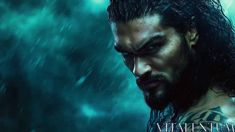 Cinematic male portrait in rain with dramatic teal lighting.