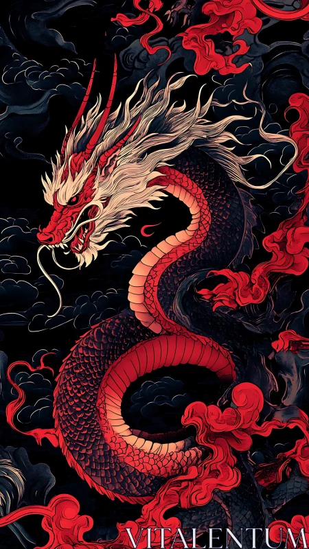Coiled red dragon is rendered against dark clouds in profile