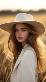 Sunlit field muse in wide-brimmed ivory daydreams.